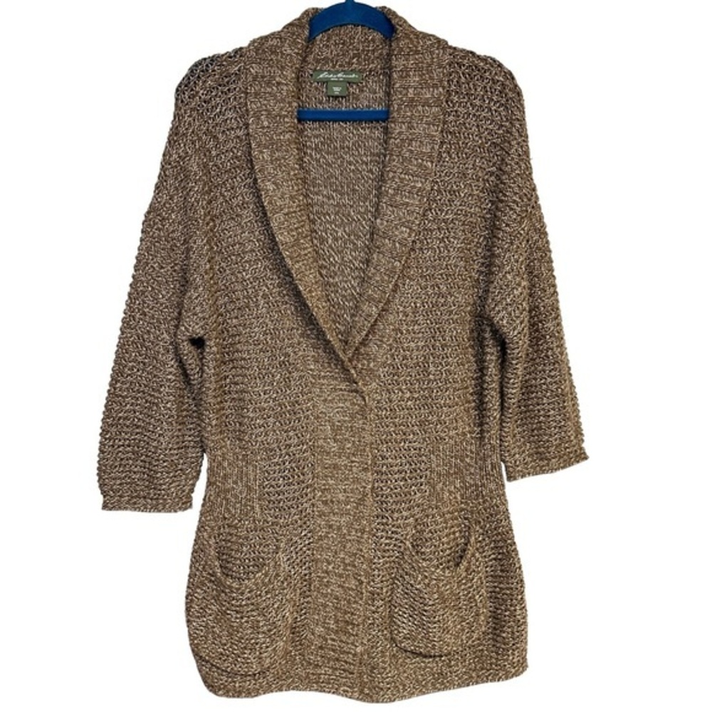 Eddie Bauer XXL Brown Knit 3/4 Sleeve Snap Closure Cardigan Sweater Shawl Collar